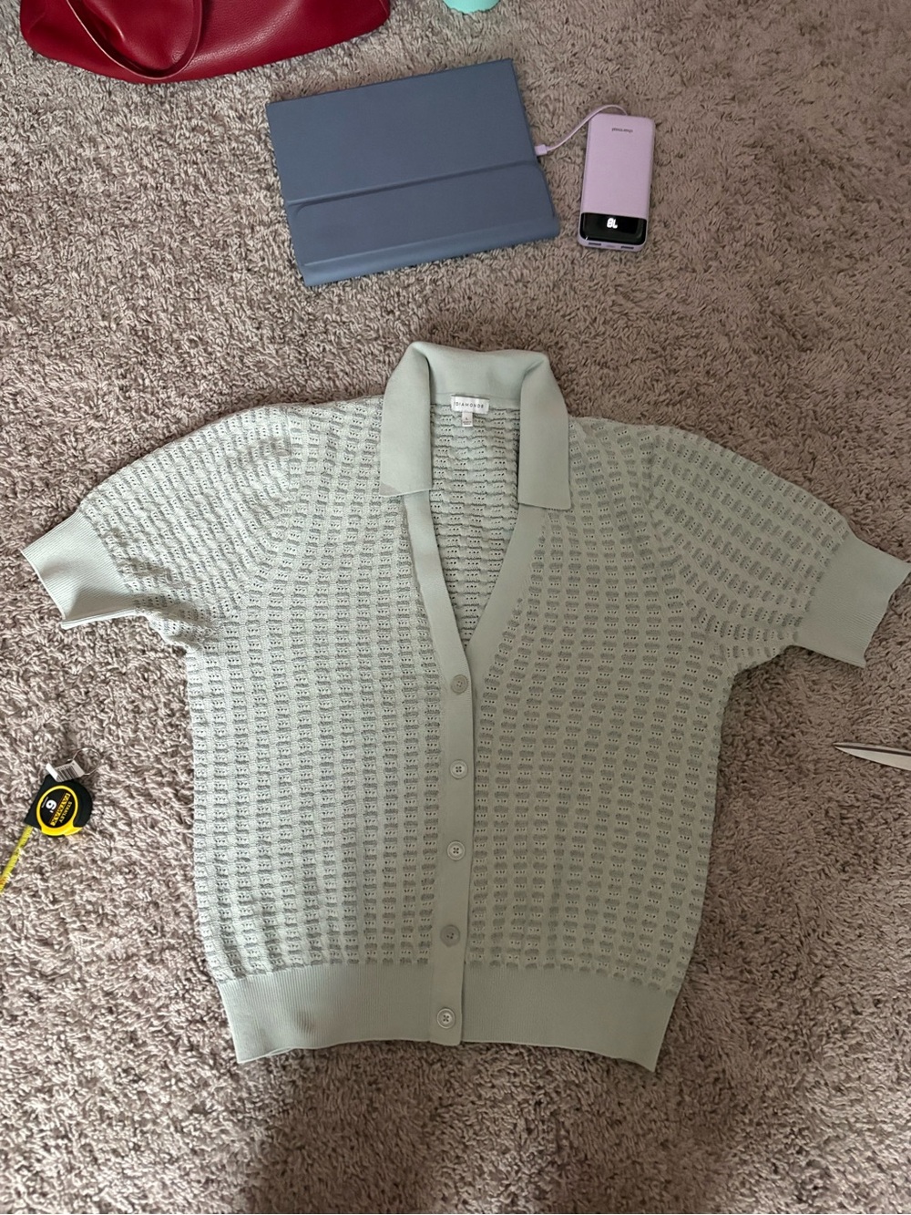 7 Diamonds Light Mint Knit Button-Up Short Sleeve Cardigan